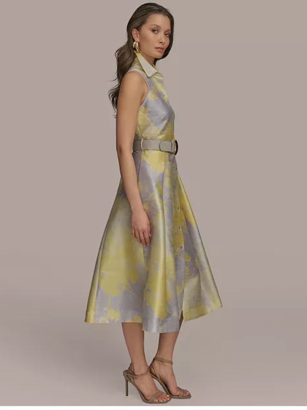 Donna Karan NWT Yellow and Light Gray Sleeveless Midi Shirt Dress - Picture 3 of 7